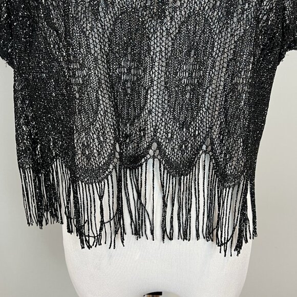 Women’s Large Black Navy Glitter Crochet Mesh Crop Top Short Sleeve Shirt - Picture 3 of 10